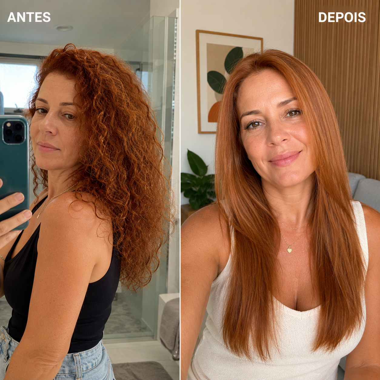 Foto de antes e depois da cliente Maria Almeida após usar a Progressiva Havana